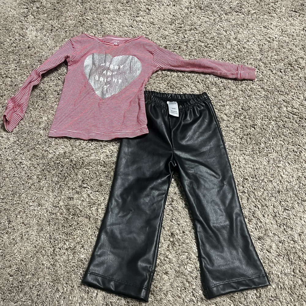 Carter's Red Striped Top with Silver Heart, blank leather faux pant